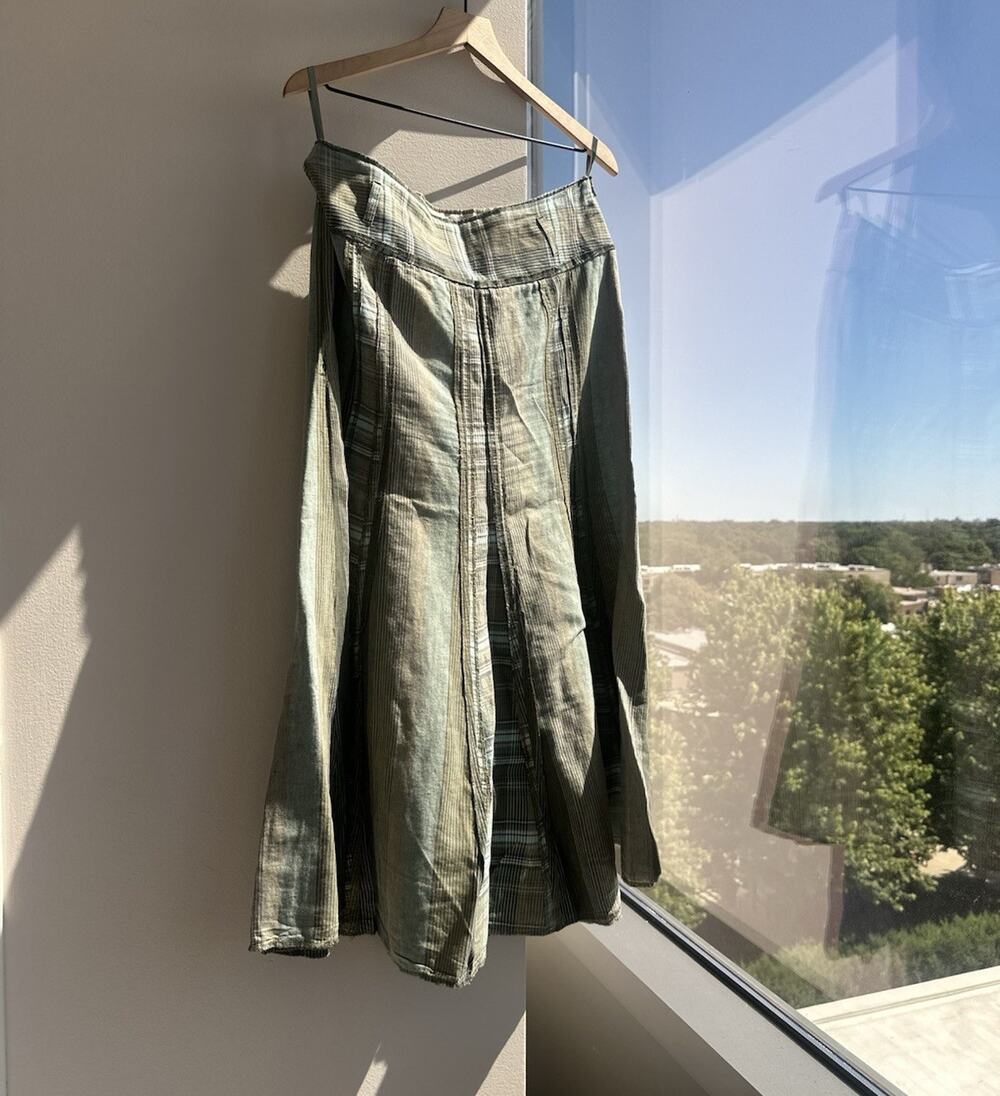 Next Woman Plaid Midi A-Line Skirt Green/Gray Linen Cotton Blend Zip 14